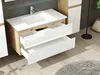 A modern bathroom vanity with a sink and open drawers, showcasing its design. Produktbild-Vorschau