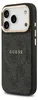 A close-up, angled view of a black phone case with a repeating GUESS logo pattern and a gold trim around the camera cutout. Anteprima dell’immagine prodotto