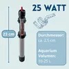 A product image showing an aquarium heater with dimensions and specifications. Produktbild-Vorschau