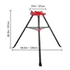 A red and black tripod pipe vise stand with measurement labels. Náhled obrázku produktu