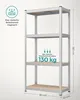 A silver metal shelving unit with light brown shelves against a light gray background, with dimensions and weight capacity indicated. Produktbild-Vorschau