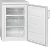 A white upright freezer with its door open, showing three transparent drawers inside. Náhľad obrázku produktu