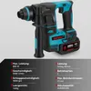 A cordless rotary hammer drill with its battery pack, shown against a light gray background. Text overlays provide product specifications. Voir les images du produit
