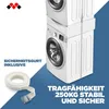 A stacked washing machine and dryer with a safety strap, and a rolled-up strap in the foreground. Voir les images du produit