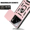 A pink and black phone case with a ring holder and a sliding camera cover is shown at an angle. Produktbild-Vorschau