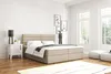 A bedroom scene with a bed, nightstand, and windows. Produktbild-Vorschau