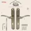 A pair of bronze-colored door handles with accompanying hardware, presented against a light beige background with subtle graphic elements. Produktbild-Vorschau
