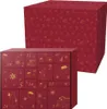 A red advent calendar with gold Christmas-themed illustrations and numbers on its doors, with a matching lid box behind it. Produktbild-Vorschau