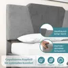 Close-up view of a bed's upholstered headboard and mattress, with illustrative overlays highlighting product features. Náhľad obrázku produktu
