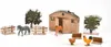 A collection of toy farm animals and accessories, including a barn, fences, trees, horses, a chicken, and a rooster, arranged on a white background. Podgląd zdjęcia produktu
