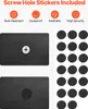 Image shows screw hole stickers and two black rectangular plates, one with a screw inserted and the other with a sticker covering a hole. There is also a grid of circular stickers on the right side. Podgląd zdjęcia produktu