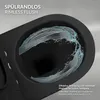 A close-up view of a black rimless toilet bowl with water splashing inside. Podgląd zdjęcia produktu
