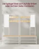 Two identical white metal coat racks with wooden shelves and hooks, each with a mirror on one side. The text indicates the mirror can be mounted on either the left or right side. Náhľad obrázku produktu