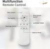 A white remote control for a ceiling fan is shown with labels pointing to different buttons and their functions. Produktbild-Vorschau