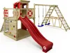 A wooden playground set with a slide, swings, climbing wall, and sandpit. Podgląd zdjęcia produktu