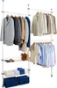 A modular wardrobe system with multiple hanging rods and shelves, displaying various clothing items and storage boxes. Produktbild-Vorschau