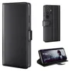 Collage of a black leather flip phone case for a Samsung Galaxy S25 Ultra, showing the case closed, open, and as a stand. Produktbild-Vorschau