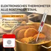A digital thermometer is shown inserted into a pot of simmering oranges and rosemary. Text overlays describe the product's features and specifications. Produktbild-Vorschau