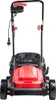 Front view of a red and black electric lawnmower against a white background. Produktbild-Vorschau