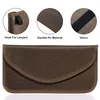 A product image showing a brown Faraday bag with three circular insets highlighting its features: a hook for a lanyard, the durable PU material, and Velcro closure. Produktbild-Vorschau