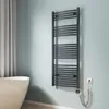 A bathroom setting with a towel radiator, bathtub, and curtain. Podgląd zdjęcia produktu