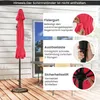 A red umbrella is shown on a wooden deck, with close-up images and text highlighting its features. Produktbild-Vorschau