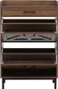 A front view of a brown shoe cabinet with a drawer and multiple flip-out compartments, standing on black legs. Podgląd zdjęcia produktu
