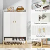 A collage of images showcasing a white shoe cabinet with gold accents, highlighting its features and construction. Náhľad obrázku produktu