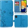 A collage of images showing a blue flip phone case with a floral and butterfly design, including a view of the inside with card slots and a phone inserted. Produktbild-Vorschau