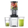 A silver AMZCHEF slow juicer is shown with a clear container filled with various fruits, a glass of green juice, and a glass of pulp. Produktbild-Vorschau
