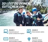 People in rafting gear looking at a brochure, with instructions on how to redeem a voucher below. Produktbild-Vorschau
