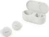 A pair of white Denon wireless earbuds and their charging case are displayed against a white background. Produktbild-Vorschau
