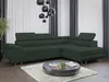 A dark green sectional sofa is shown in a living room setting with curtains and a chandelier.