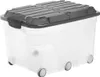 A clear studio shot of a transparent storage box with a gray lid and wheels. Produktbild-Vorschau