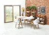 A dining room scene with a table and chairs, shelves with plants and decor, and a brick wall. Podgląd zdjęcia produktu