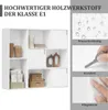 A white shelving unit with various items on display, alongside marketing images highlighting product features. Produktbild-Vorschau