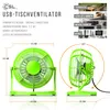 Collage showing a green USB desk fan from different angles with dimensions and text highlighting features and usage scenarios. Anteprima dell’immagine prodotto