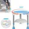 A collage of images showing a shower stool being used and its features. Produktbild-Vorschau
