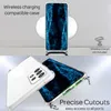A collage of images showing a clear phone case with a blue starry background, demonstrating wireless charging compatibility and precise cutouts. Produktbild-Vorschau