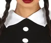 Close-up of a person wearing a black dress with a white collar and two white buttons. Produktbild-Vorschau