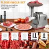 A collage showing a meat grinder with various attachments and examples of processed meat. Produktbild-Vorschau