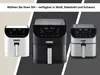 Three air fryers in different colors (white, black, and silver) are displayed side-by-side against a split background. Produktbild-Vorschau