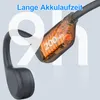 Close-up of a bone conduction headphone with a transparent battery compartment showing the battery cells and a large '9h' graphic overlay. Produktbild-Vorschau