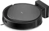 A black robot vacuum cleaner is shown on a white background, connected to its charging dock. Produktbild-Vorschau