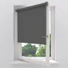 A close-up view of a dark gray roller blind installed on a white window frame. The window is open, revealing green trees and foliage outside. Produktbild-Vorschau