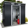 A dark gray metal garden shed with an open sliding door, revealing gardening tools and a red propane tank inside. It is situated on a concrete base with some greenery around it. Produktbild-Vorschau