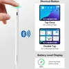 A stylus pen with a finger touching its shortcut button, and diagrams illustrating its features and battery level. Podgląd zdjęcia produktu