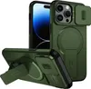 A green iPhone 14 Pro case with a camera cover and kickstand is shown from multiple angles. Náhled obrázku produktu