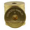 A stack of gold-colored tokens with holes in the center, with text and a phone number printed on the front token. Produktbild-Vorschau