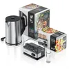 A set of kitchen appliances including a kettle, an egg cooker, and packaging for both, displayed on a white background. Voir les images du produit